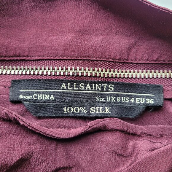 All Saints Burgundy 100% Silk Adria Zipper Dress Size 4 - Picture 6 of 7